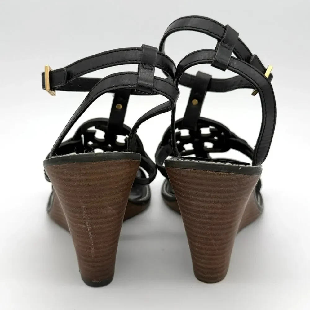 Tory Burch Leather Wedge Sandals Black Cutout Gold Studs Size 8M Summer Resort